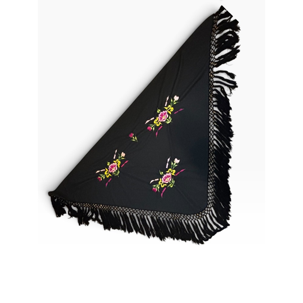 Vintage Black Floral Embroidered Triangle Shawl with Macrame Fringe Wrap
